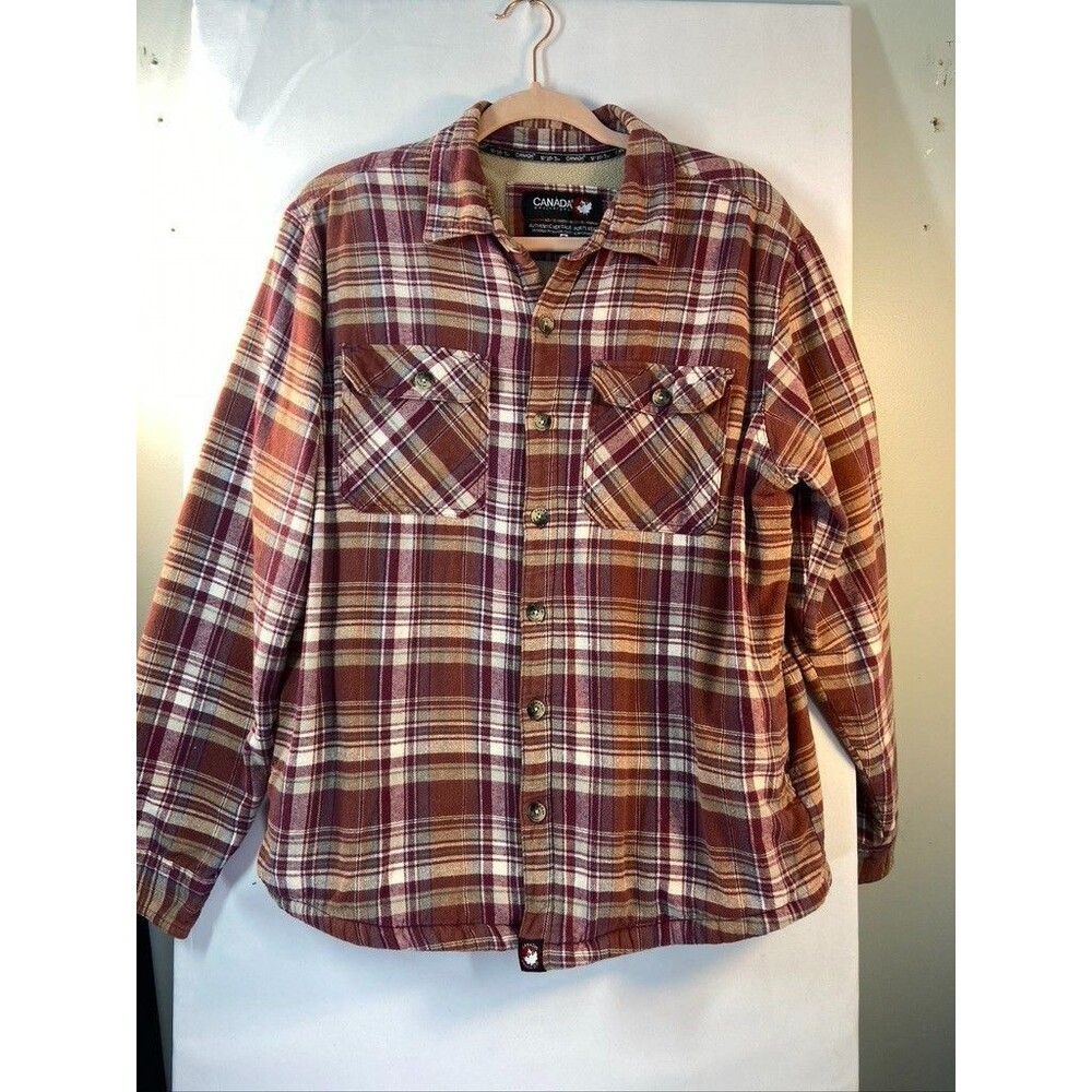 CANADA WEATHER GEAR MENS LARGE RED PLAID FLANNEN FLEECE LINED SHACKET